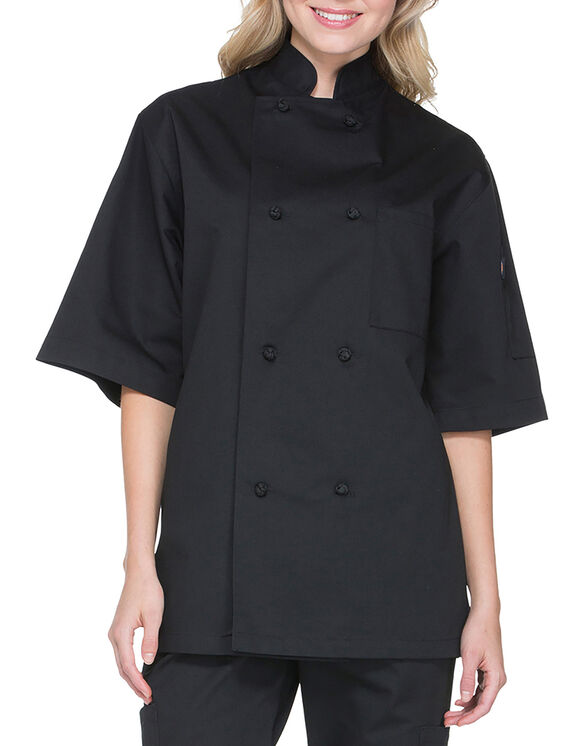 Unisex Classic Knot Button Short Sleeve Chef Coat - BLACK (BLK)