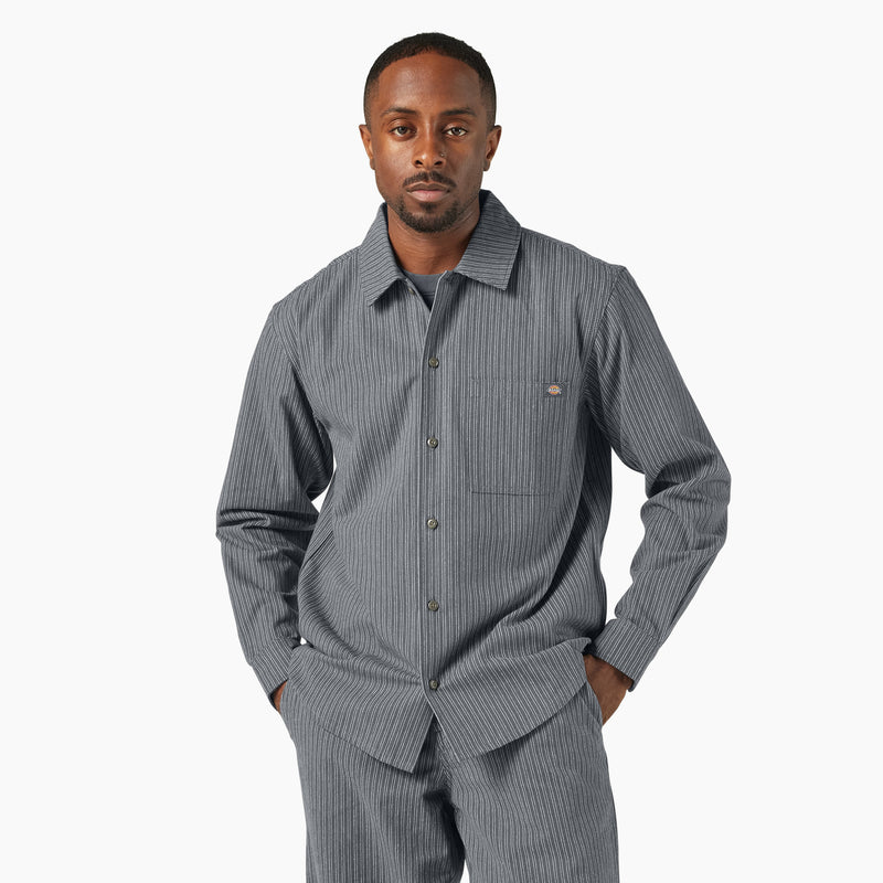 mens pinstripe dress shirt Cutter & Buck The Ivy League Skyline Recycled Long Sleeve Button Down in Hunter/White Lima Pinstripe Button-Up Shirt |