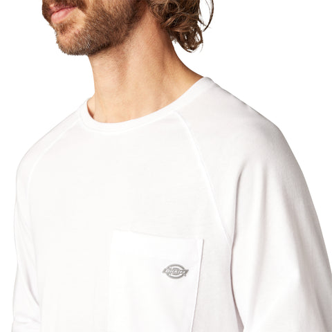 White long sleeve t-shirt with chest pocket and crew neckline on male model.