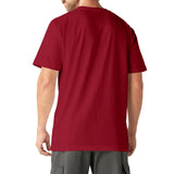 Man wearing burgundy short-sleeve t-shirt with chest pocket, shown from back view.