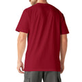 Man wearing burgundy short-sleeve t-shirt with chest pocket, shown from back view.