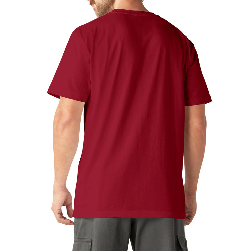 Man wearing burgundy short-sleeve t-shirt with chest pocket, shown from back view.