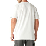 White short sleeve t-shirt with chest pocket, shown on model from back view.
