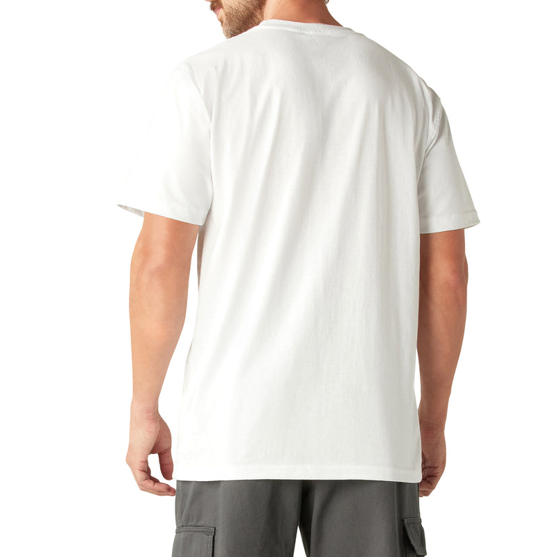 White short sleeve t-shirt with chest pocket, shown on model from back view.