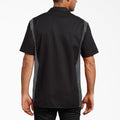 Black and gray short sleeve work shirt with contrasting side panels, shown from back view on male model.