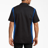 Black and blue short sleeve work shirt with color-blocked sides, shown from back view on male model.