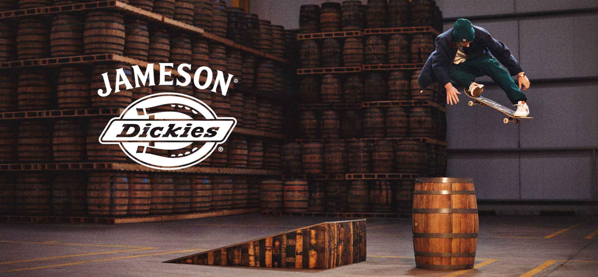 Jameson Skateboarder Jumping a Barrel of Whiskey