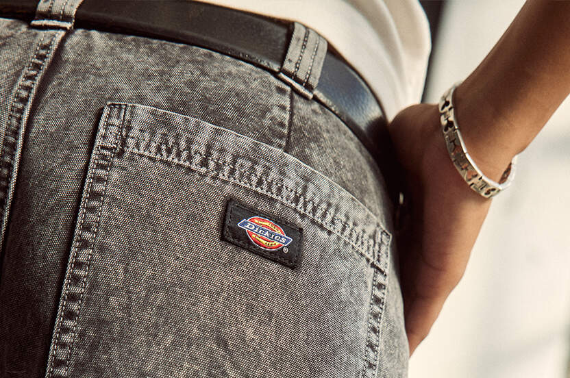 Close up back view of Dickies patch on cargo pants pocket