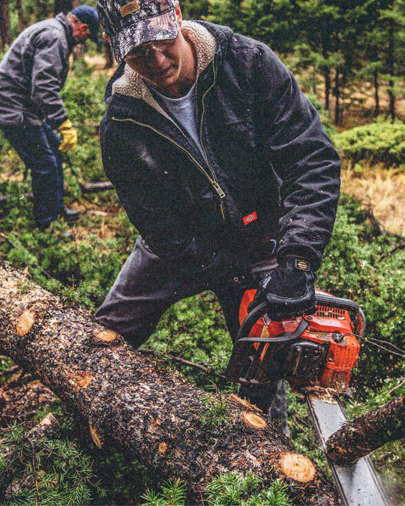 Man working outdoors, cutting a tree