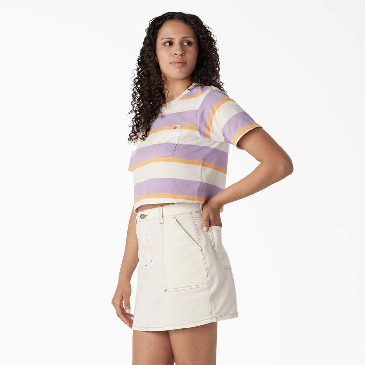 Women's Striped Cropped Pocket T-Shirt - White/Purple Collegiate Stripe (WPS) image number 3