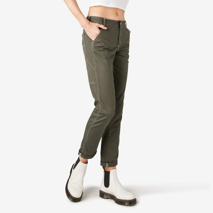 Women's Slim Straight Fit Roll Hem Carpenter Pants - Olive Green (OG) image number 4