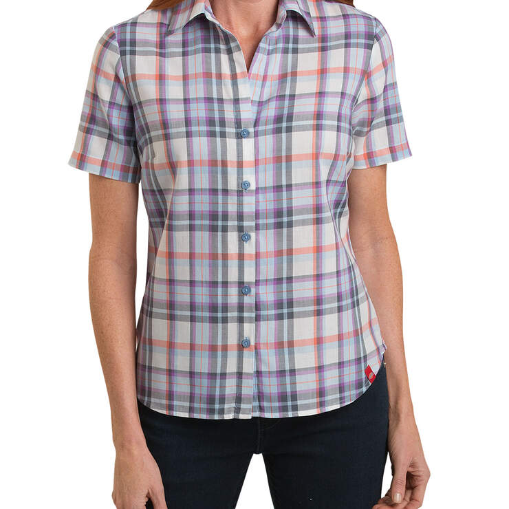Women's Short Sleeve Plaid Shirt - Blue White Plaid (PCM) image number 1