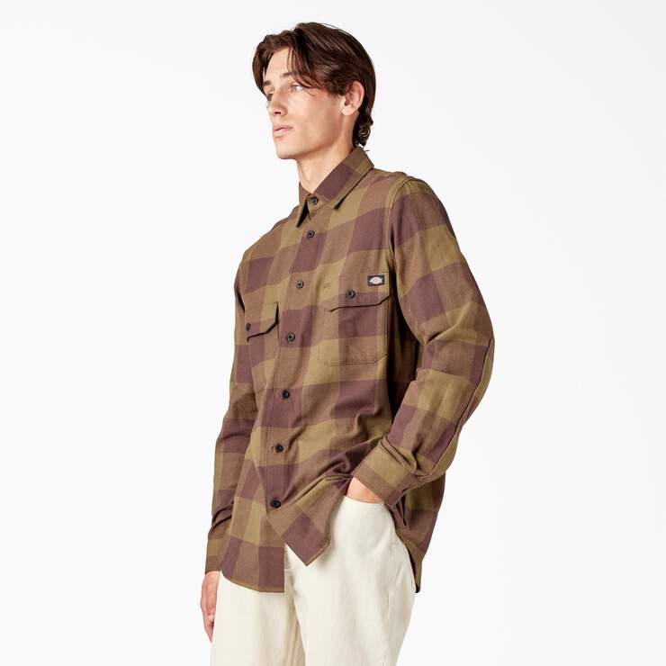 Long Sleeve Flannel Shirt - Dark Olive Buffalo Plaid (DBV) image number 3