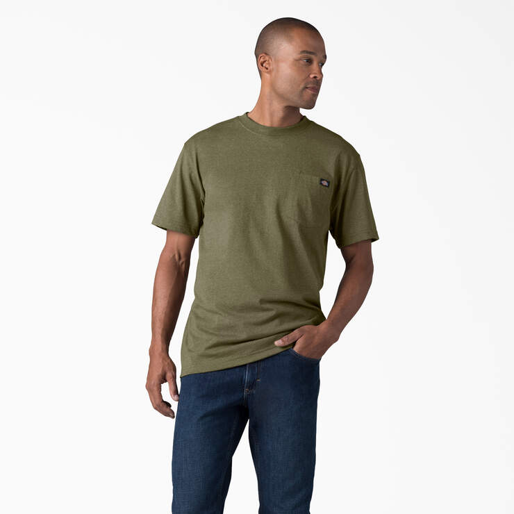 Heavyweight Heathered Short Sleeve Pocket T-Shirt - Military Green Heather (MLD) image number 1