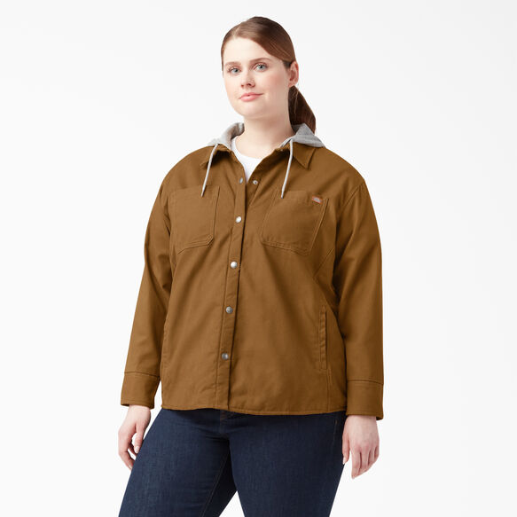 Women&#39;s Plus Duck Hooded Shirt Jacket - Brown Duck &#40;BD&#41;