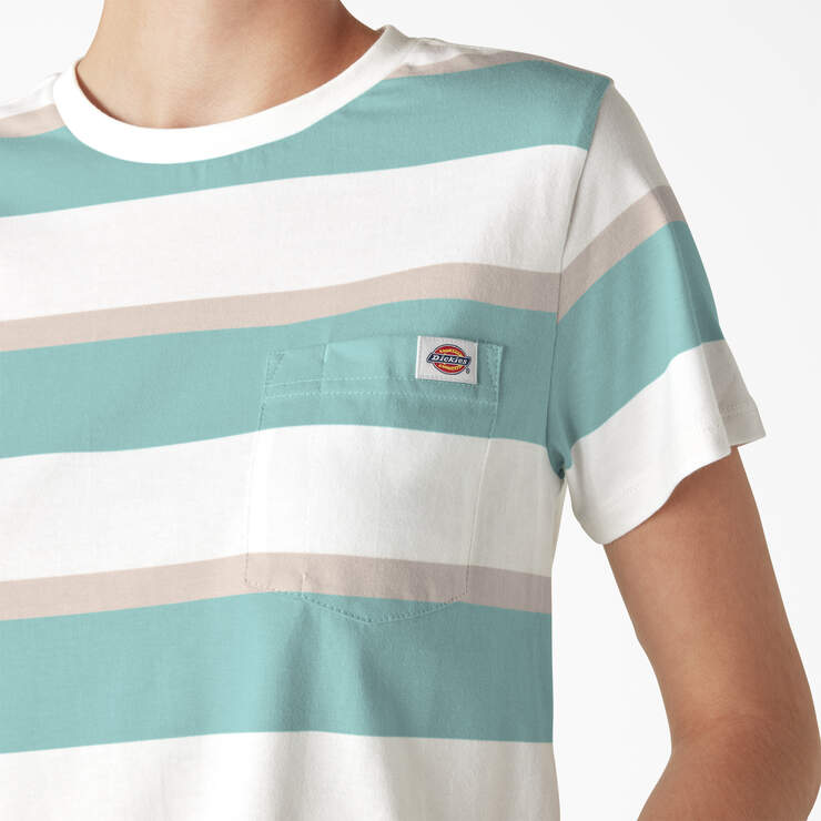 Women's Large Striped Cropped Pocket T-Shirt - Pastel Turquoise Stripe (SQS) image number 5