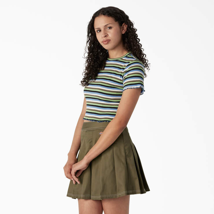 Women's Striped Cropped Baby T-Shirt - Mint/Military Explorer Stripe (NTS) image number 3