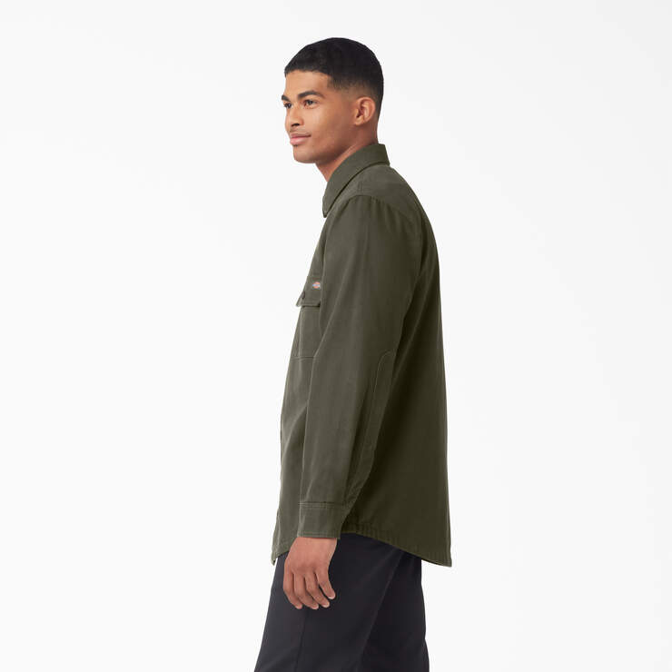Long Sleeve Flannel-Lined Duck Shirt - Military Green (ML) image number 3