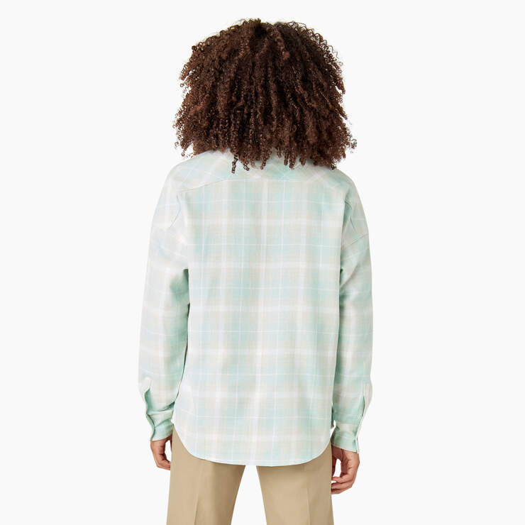 Women's Long Sleeve Flannel Shirt - Soft Gray Turquoise Plaid (QPT) image number 2