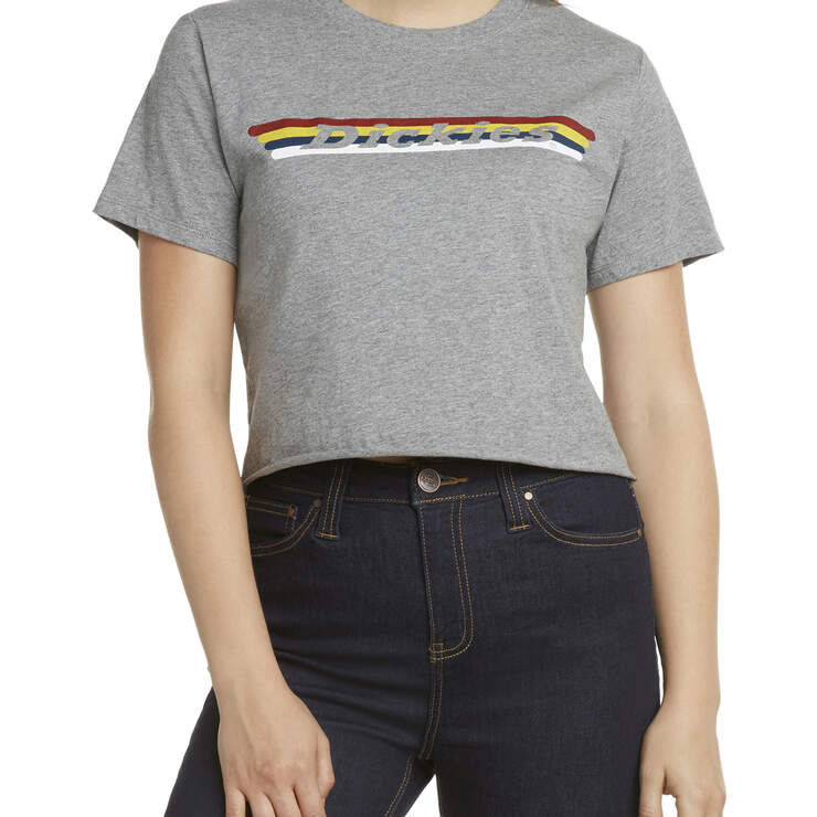 Dickies Girl Juniors' Vintage Rainbow Striped Cropped T-Shirt - Heather Gray (HG) image number 1