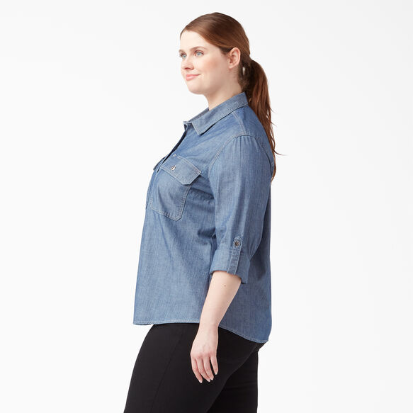Women&#39;s Plus Long Sleeve Chambray Roll-Tab Work Shirt - Stonewashed Light Blue &#40;LSW&#41;