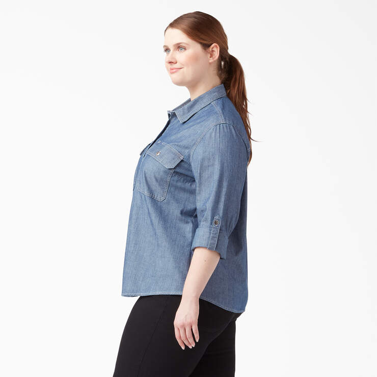 Women’s Plus Chambray Roll-Tab Work Shirt - Stonewashed Light Blue (LSW) image number 3
