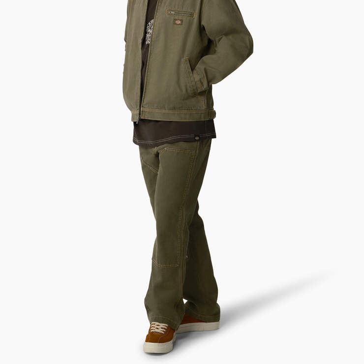 Relaxed Fit Contrast Stitch Double Knee Duck Pants - Stonewashed Military Green (SMW) image number 3