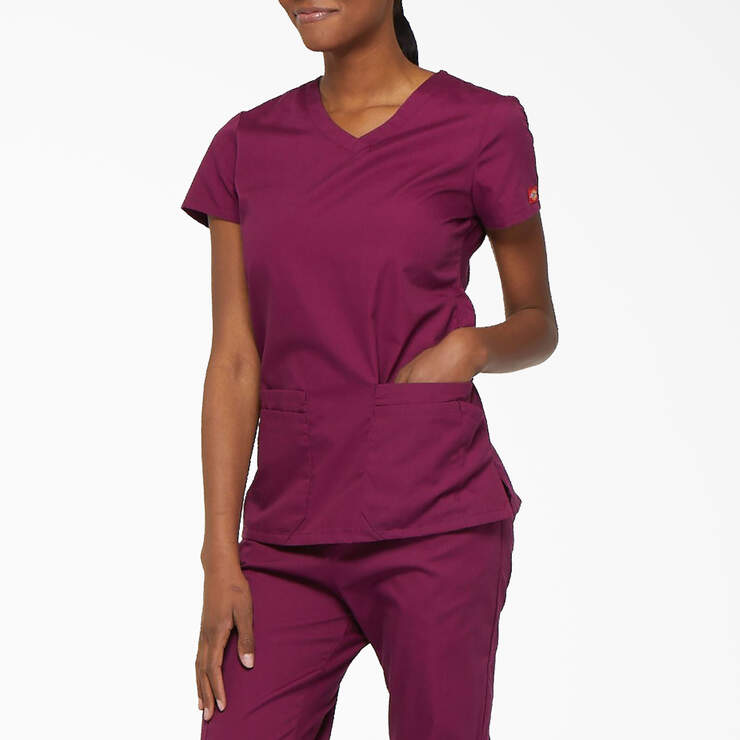 Women's EDS Signature V-Neck Scrub Top with Pen Slot - Wine (WIN) image number 3