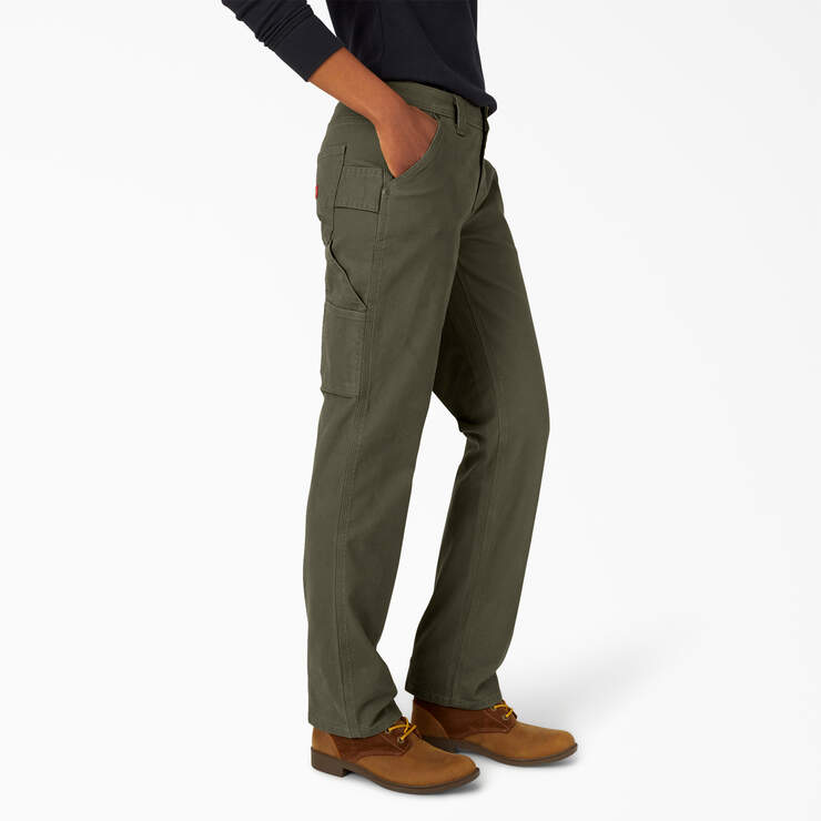 Women's FLEX Relaxed Straight Fit Duck Carpenter Pants - Rinsed Moss Green (RMS) image number 4