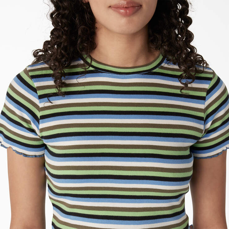 Women's Striped Cropped Baby T-Shirt - Mint/Military Explorer Stripe (NTS) image number 5