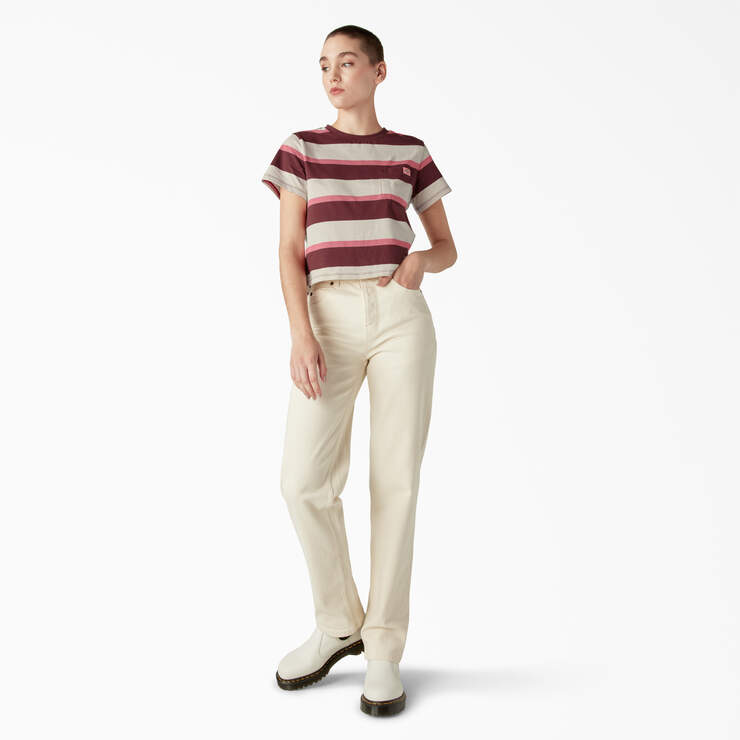 Women's Large Striped Cropped Pocket T-Shirt - Pink/Navy Collegiate Stripe (NSV) image number 4