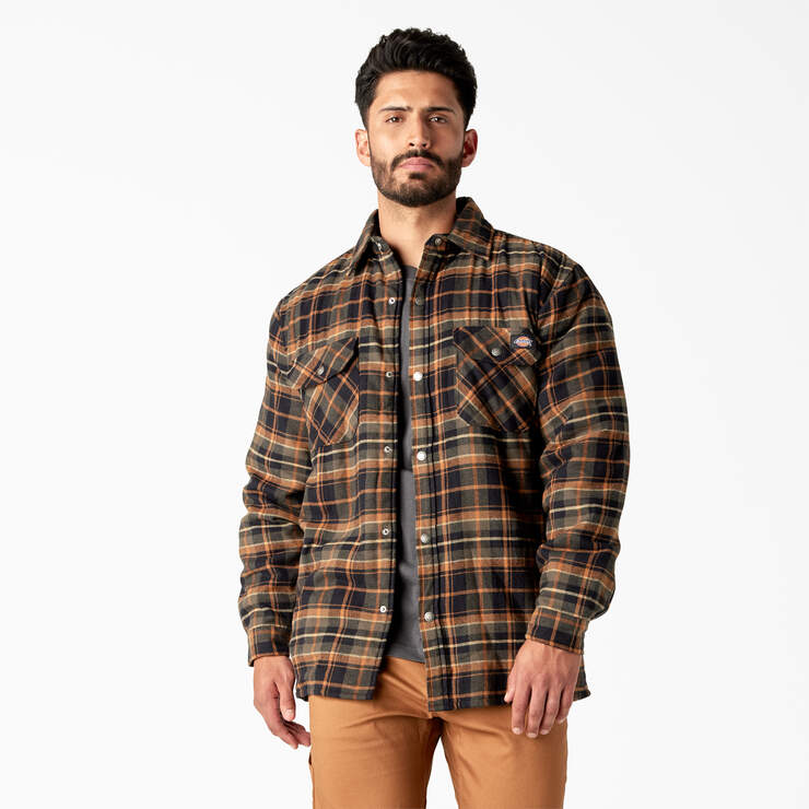 Water Repellent Fleece-Lined Flannel Shirt Jacket - Moss/Black Plaid (B1B) image number 1