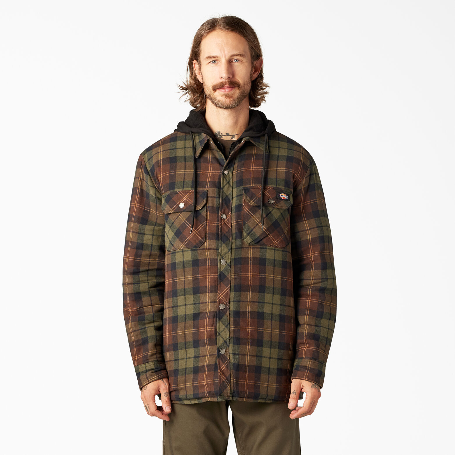 Relaxed Fit Icon Hooded Quilted Shirt Jacket Chocolate Tactical Green Plaid 3xl Men S Outerwear Dickies