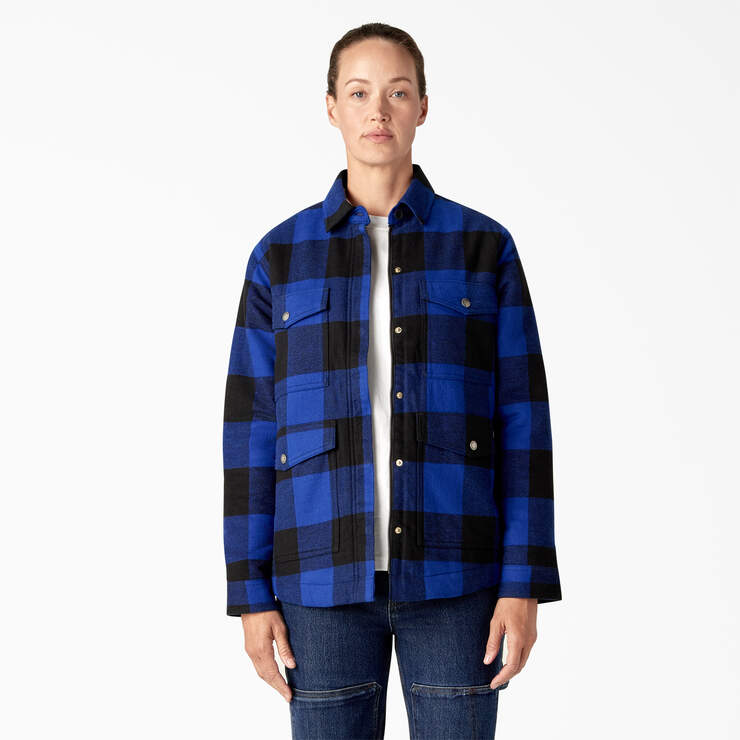 Women's Flannel High Pile Fleece Lined Chore Coat - Surf Blue/Black Buffalo Plaid (B1U) image number 1