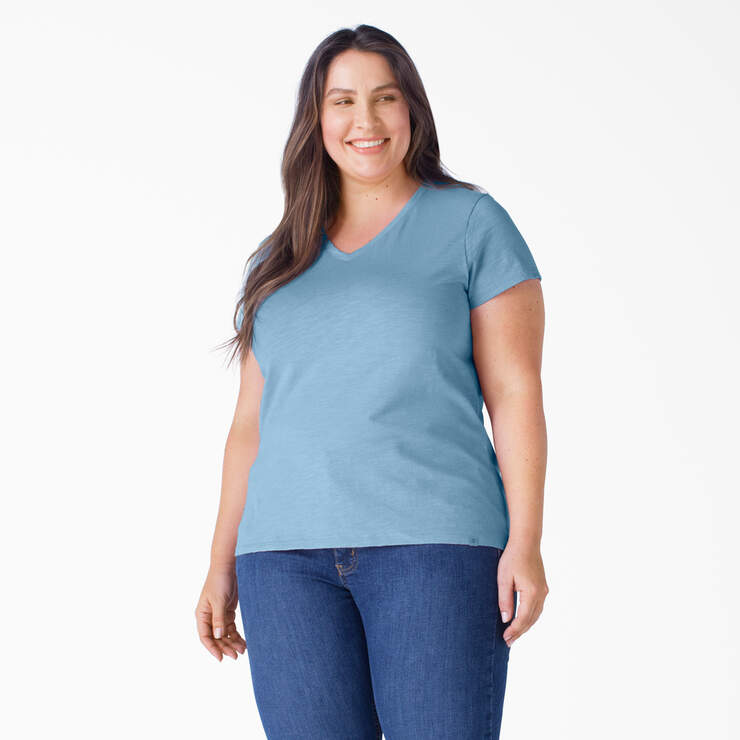 Women's Plus Short Sleeve V-Neck T-Shirt - Dusty Blue (DL) image number 1