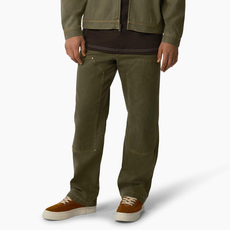 Relaxed Fit Contrast Stitch Double Knee Duck Pants - Stonewashed Military Green (SMW) image number 1