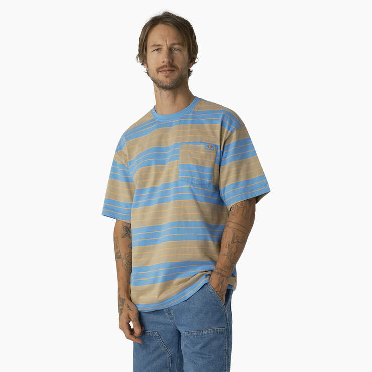 Relaxed Fit Striped Pocket T-Shirt - Azure Blue/Desert Sand Stripe (AST) image number 1