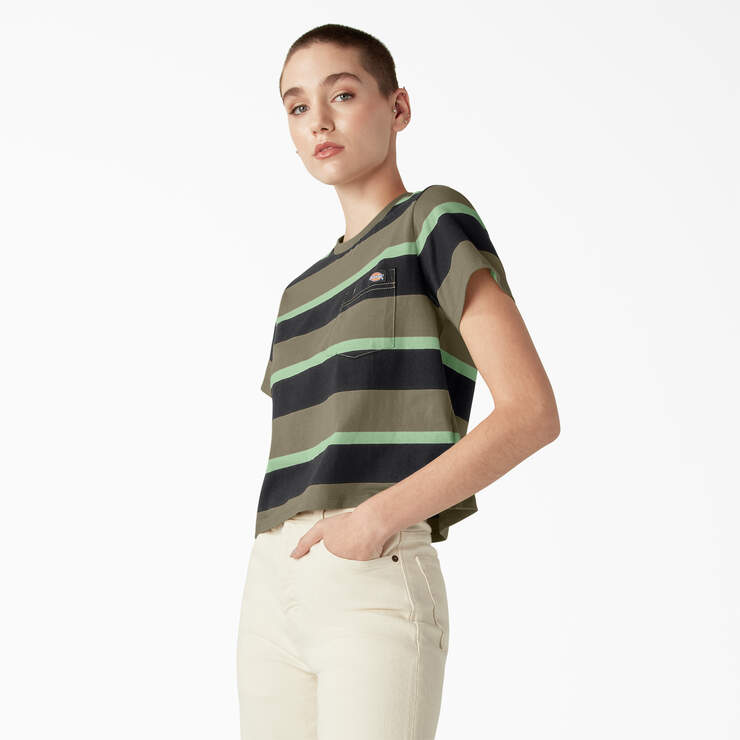 Women's Large Striped Cropped Pocket T-Shirt - Imperial Green Stripe (PGS) image number 3