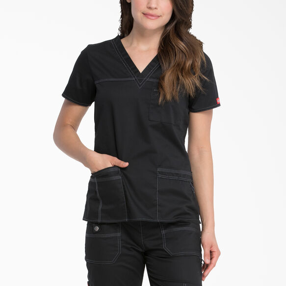 Women's Gen Flex Youtility V-Neck Scrub Top with Pen Slot - Black (BLK)