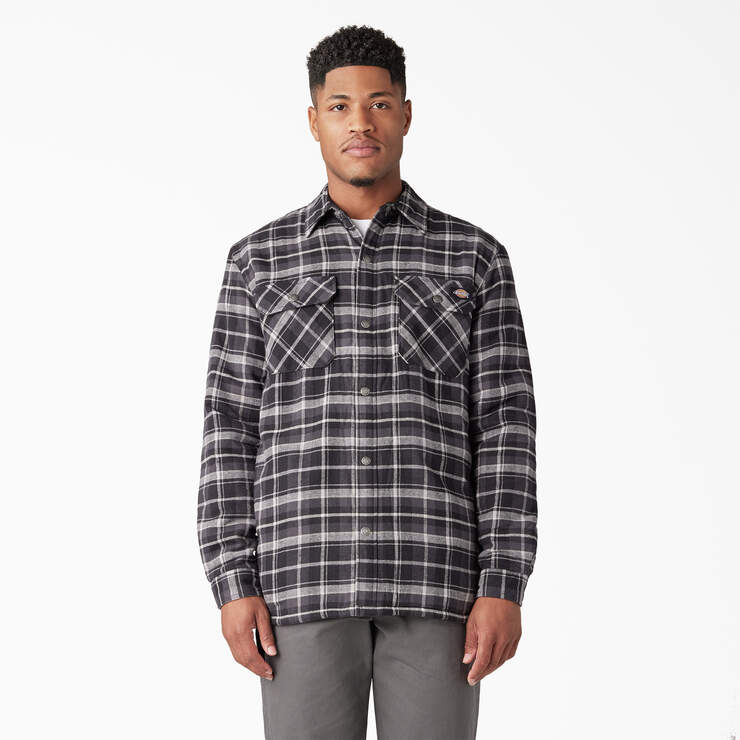 Water Repellent Fleece-Lined Flannel Shirt Jacket - Charcoal/Black Plaid (B1X) image number 1