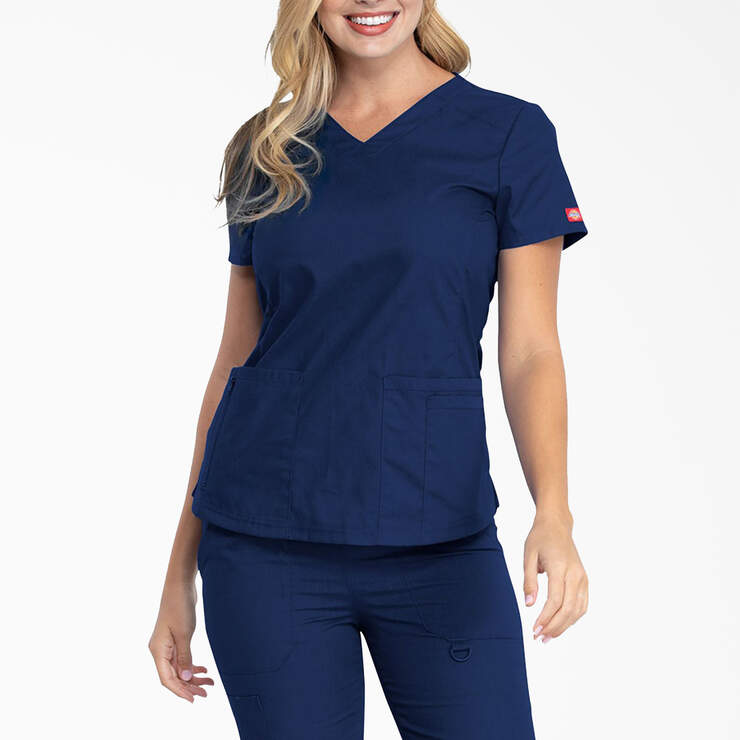 Women's EDS Signature V-Neck Scrub Top with Zip Pocket - Navy Blue (NVY) image number 1