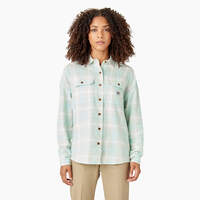 Women's Long Sleeve Flannel Shirt - Soft Gray Turquoise Plaid (QPT)