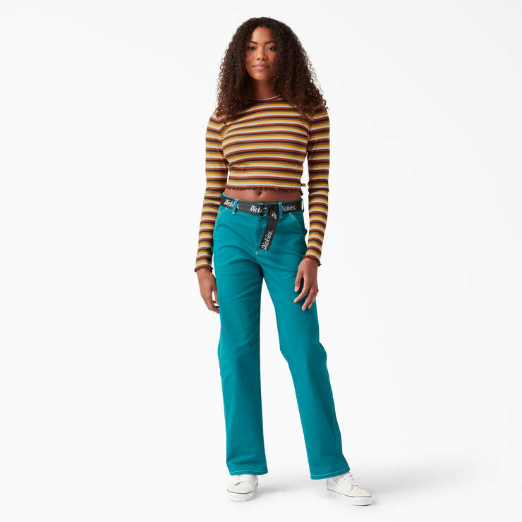 Women's Striped Long Sleeve Cropped T-Shirt - Ginger Honey Baby Stripe (GSN) image number 4