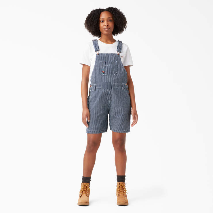 Women's Relaxed Fit Bib Shortalls, 7" - Rinsed Hickory Stripe (RHS) image number 1