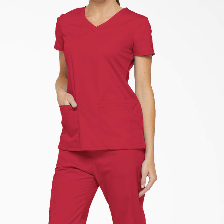 Women's EDS Signature V-Neck Scrub Top with Pen Slot - Red (RD) image number 3