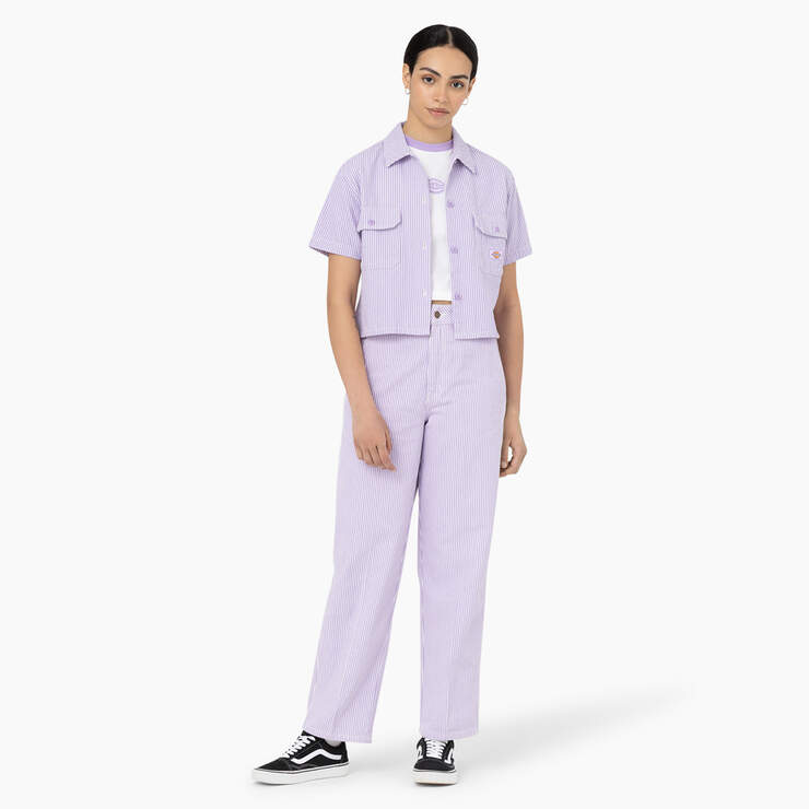 Women's Hickory Stripe Cropped Work Shirt - Ecru/Lilac (EUG) image number 3