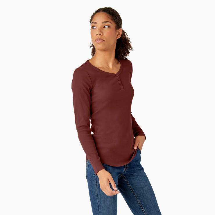 Women's Henley Long Sleeve Shirt - Fired Brick (IK9) image number 4