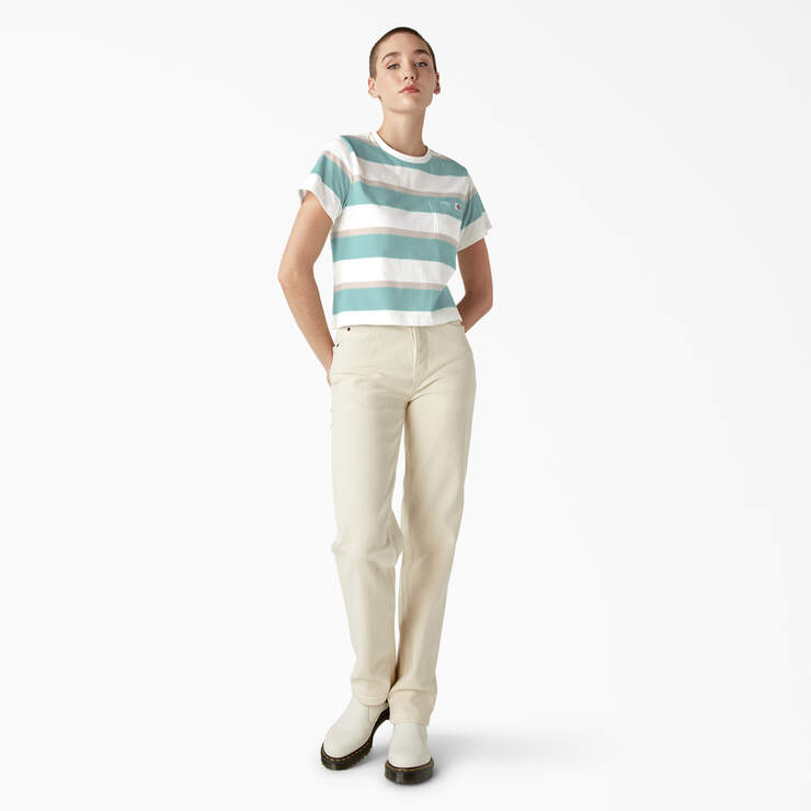Women's Large Striped Cropped Pocket T-Shirt - Pastel Turquoise Stripe (SQS) image number 4