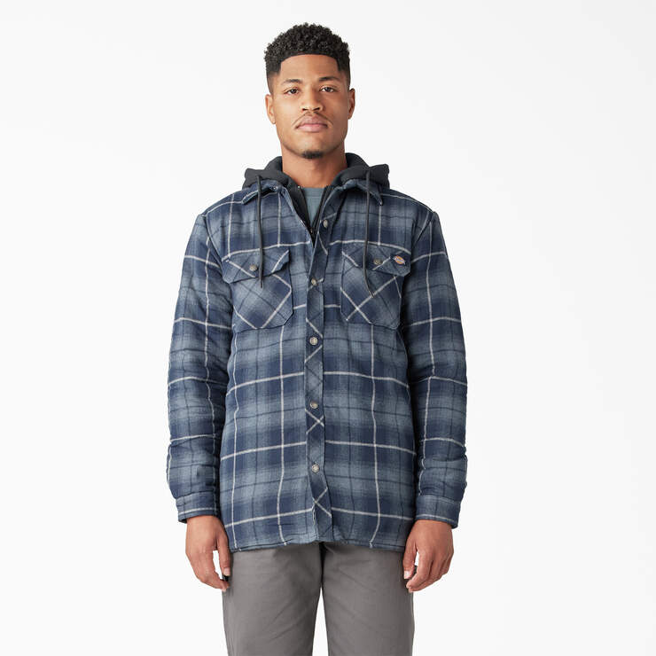 Water Repellent Flannel Hooded Shirt Jacket - Navy Storm Ombre Plaid (C1H) image number 1