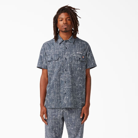 Twill Button-Up Short Sleeve Work Shirt - Rinsed Navy Crosshatch &#40;R2A&#41;
